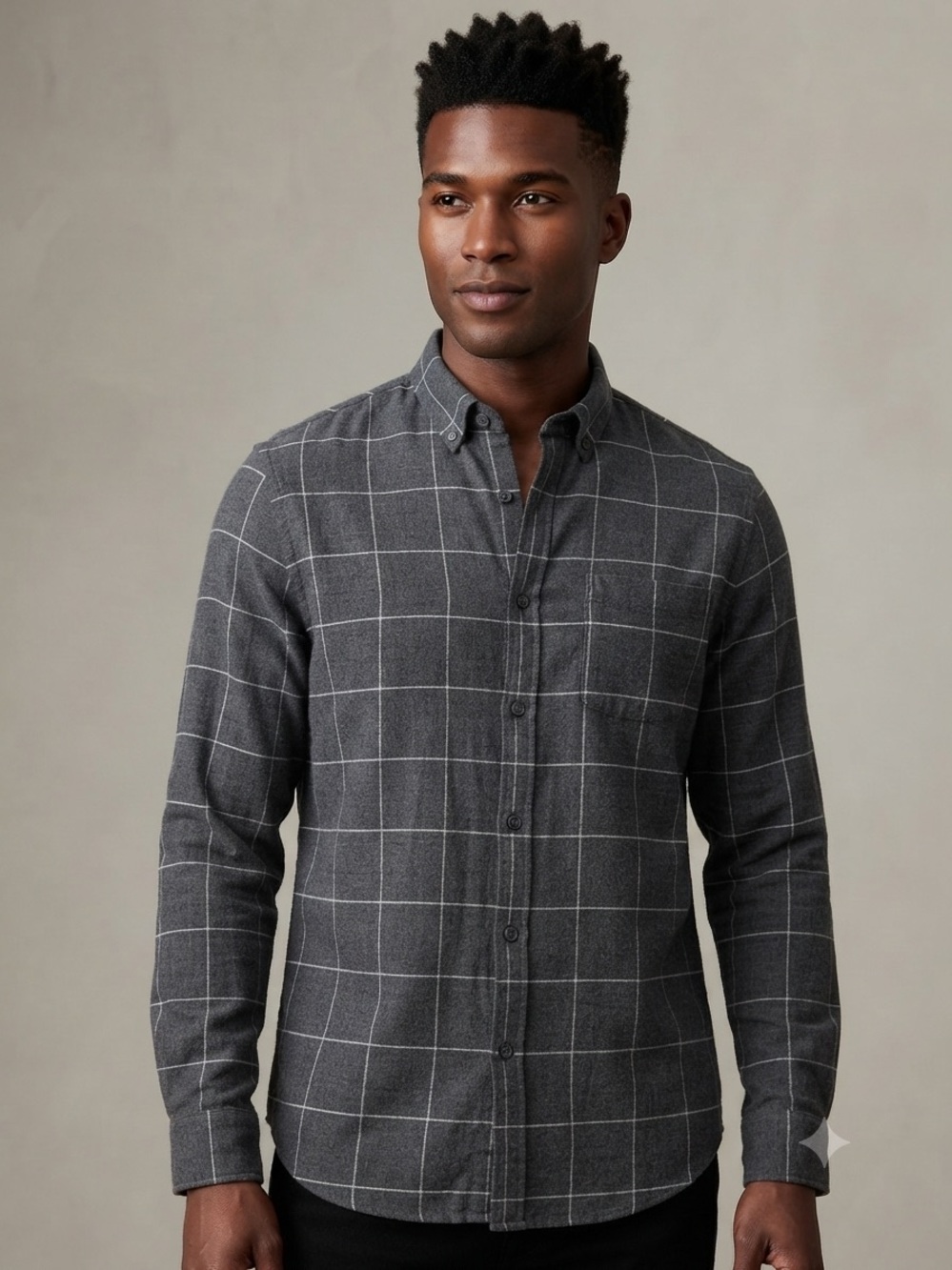 Ralph Lauren Charcoal Windowpane Button-Down Cotton Shirt with Navy Logo